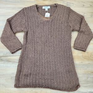 🍑NWT Coldwater Creek Brown Knit Vneck 3/4 Sleeve Sweater Small